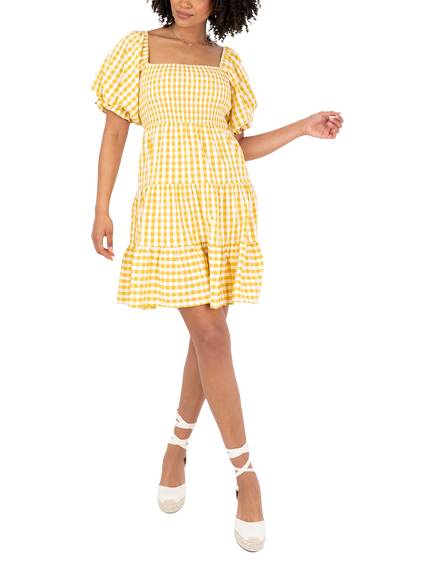 Lovedrobe Gingham Puff Sleeve Milkmaid Mini Dress, Yellow Gingham, Yellow Gingham
