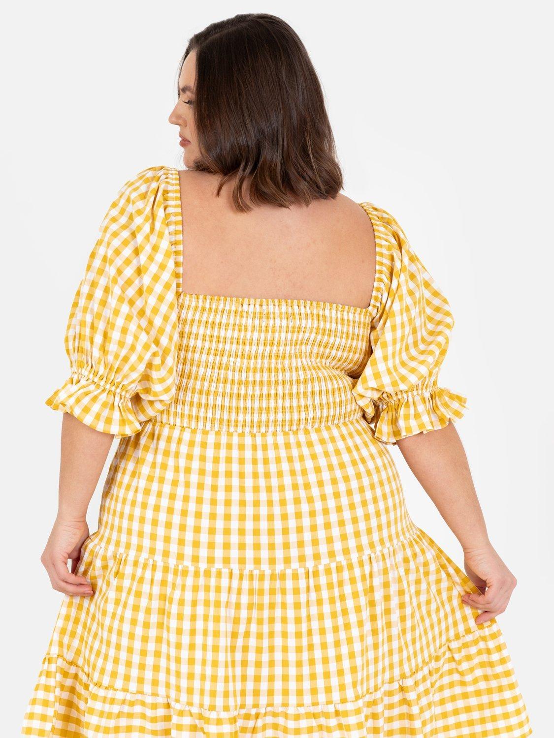Product image 11 of 11, which shows Lovedrobe Gingham Puff Sleeve Milkmaid Mini Dress, Yellow Gingham, 8