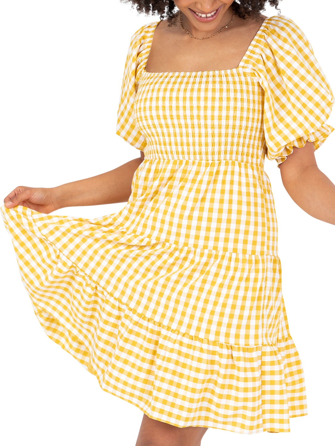 Product image 2 of 11, which shows Lovedrobe Gingham Puff Sleeve Milkmaid Mini Dress, Yellow Gingham, 8