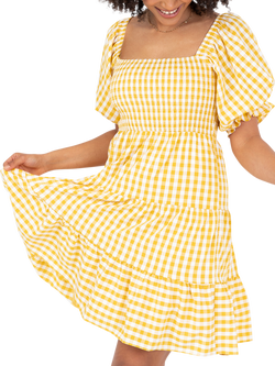 Lovedrobe Gingham Puff Sleeve Milkmaid Mini Dress, Yellow Gingham - view 2, Yellow Gingham