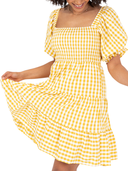 Lovedrobe Gingham Puff Sleeve Milkmaid Mini Dress, Yellow Gingham - view 2, Yellow Gingham