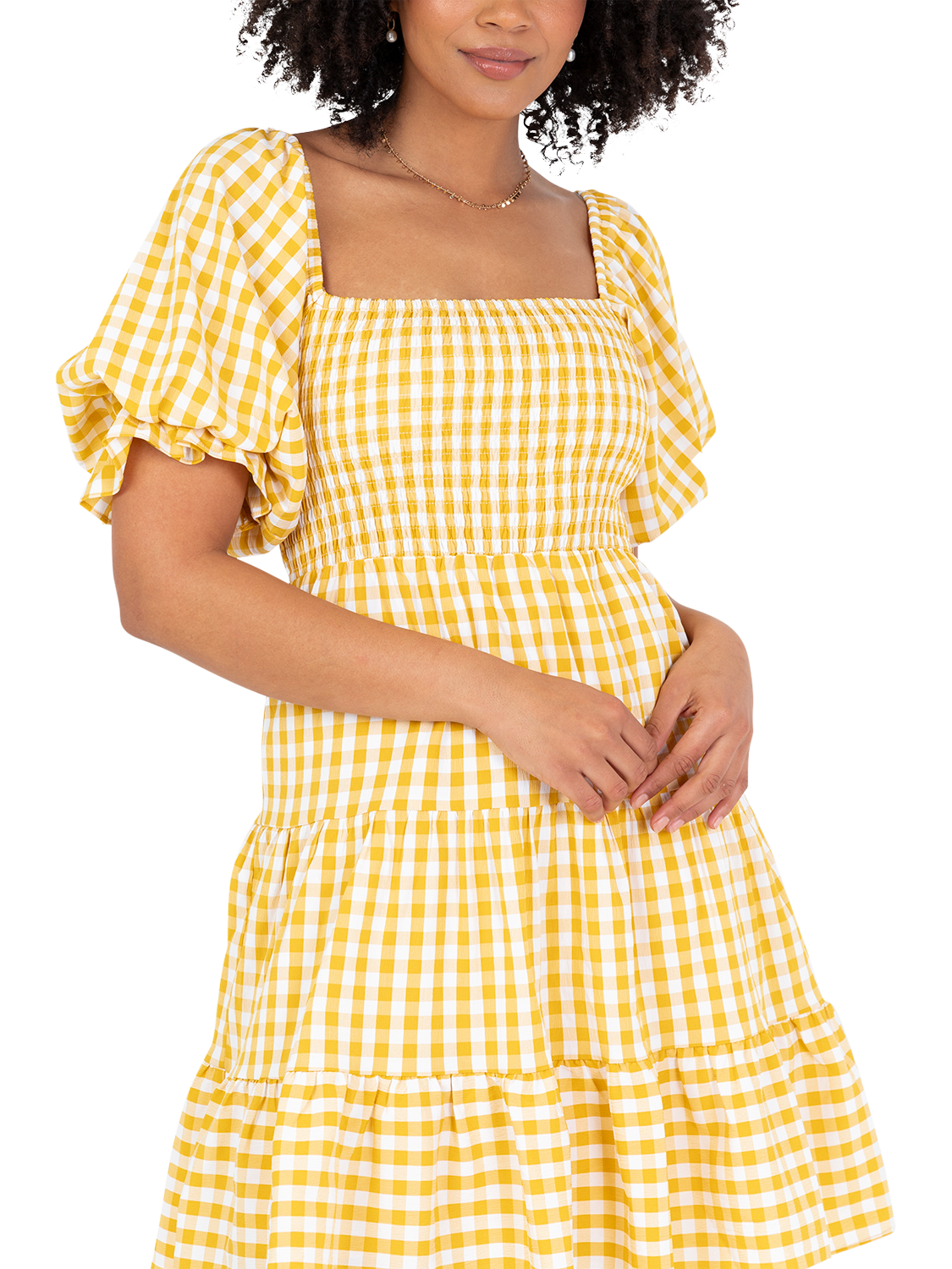 Product image 3 of 11, which shows Lovedrobe Gingham Puff Sleeve Milkmaid Mini Dress, Yellow Gingham, 8