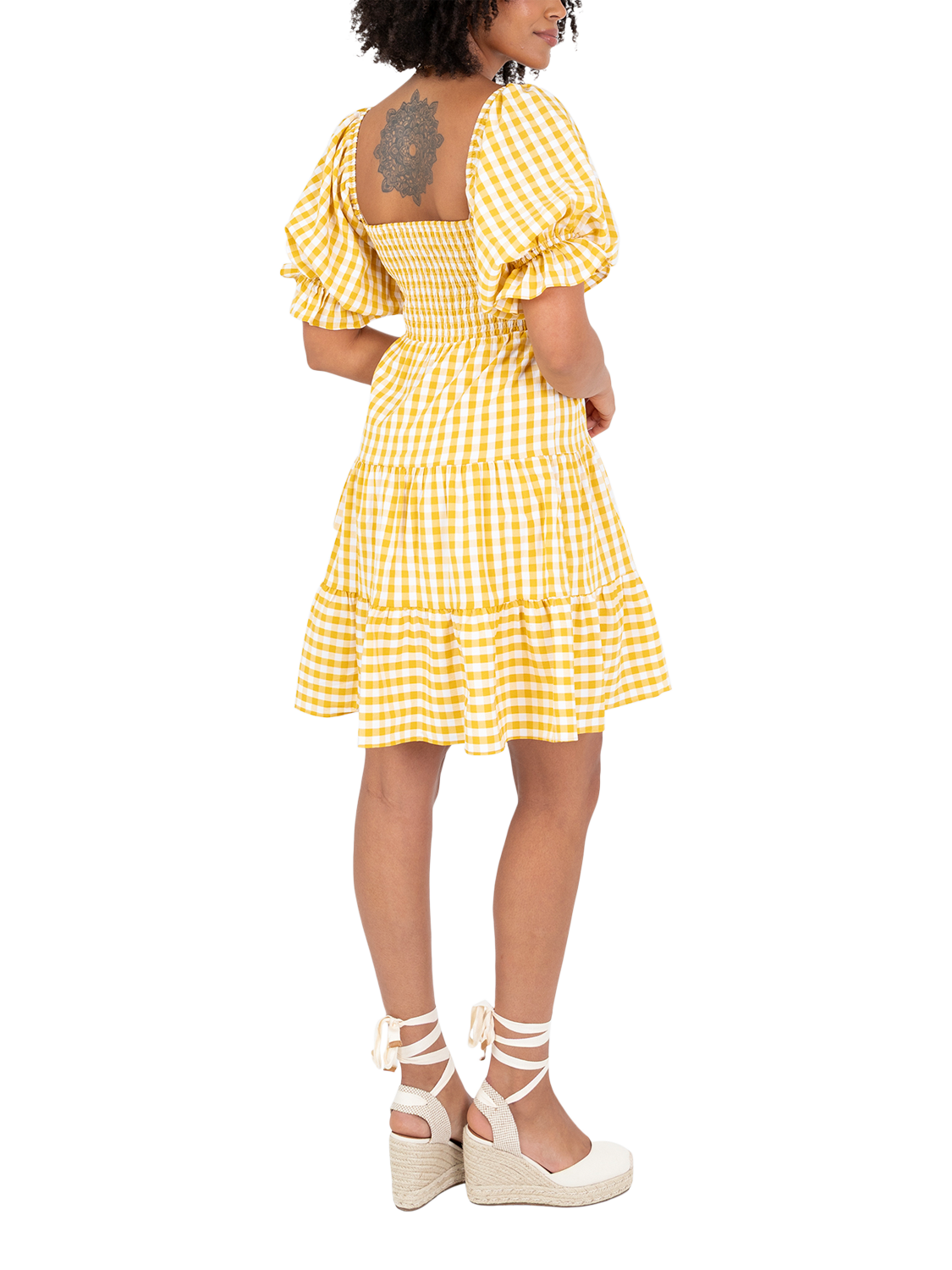 Product image 4 of 11, which shows Lovedrobe Gingham Puff Sleeve Milkmaid Mini Dress, Yellow Gingham, 8