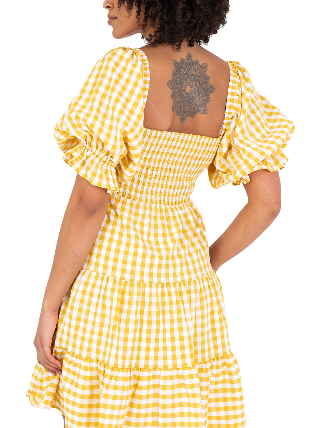 Product image 5 of 11, which shows Lovedrobe Gingham Puff Sleeve Milkmaid Mini Dress, Yellow Gingham, 8
