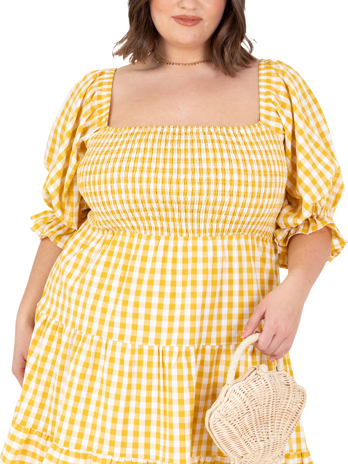 Product image 6 of 11, which shows Lovedrobe Gingham Puff Sleeve Milkmaid Mini Dress, Yellow Gingham, 8