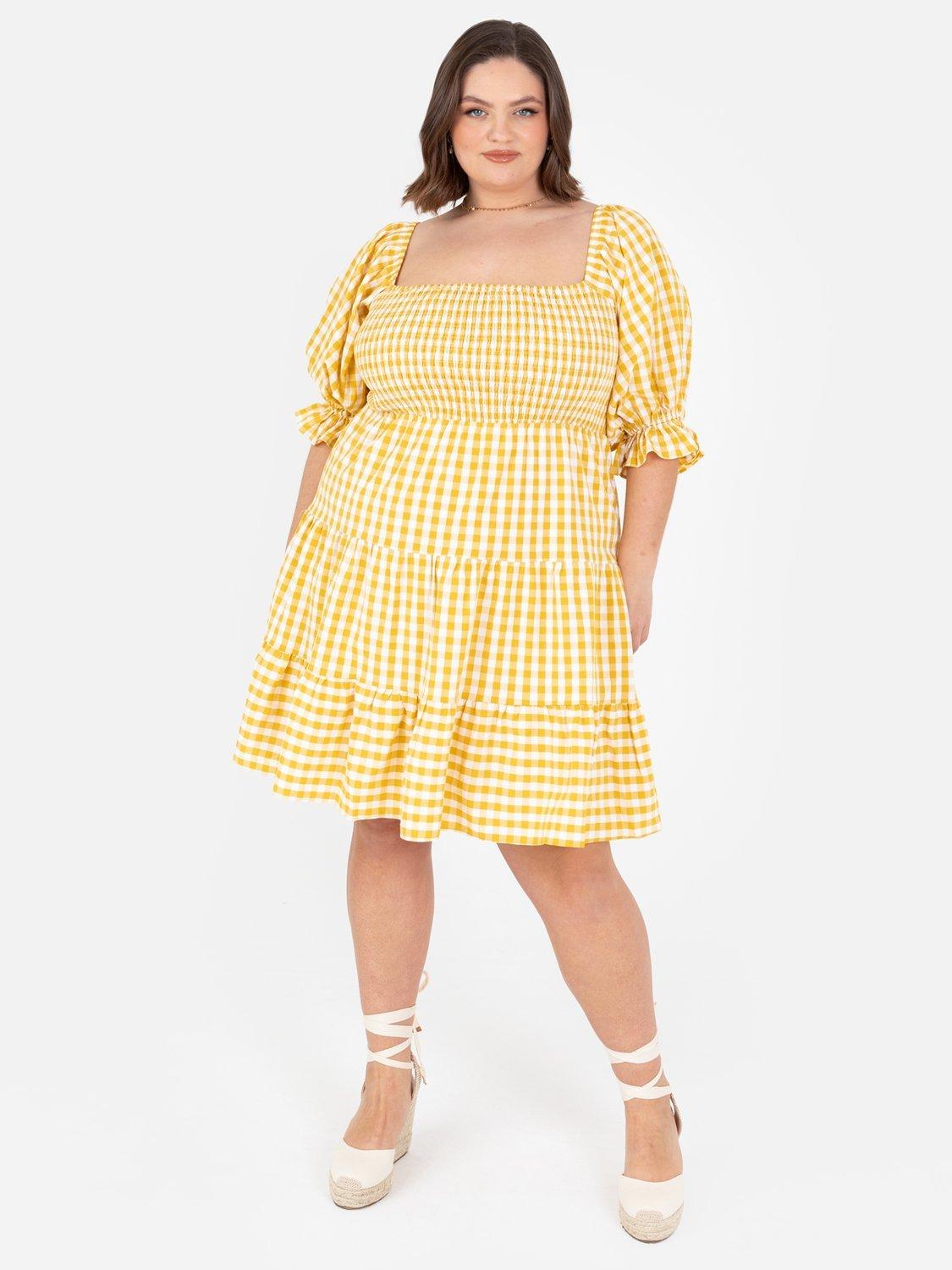 Product image 7 of 11, which shows Lovedrobe Gingham Puff Sleeve Milkmaid Mini Dress, Yellow Gingham, 8