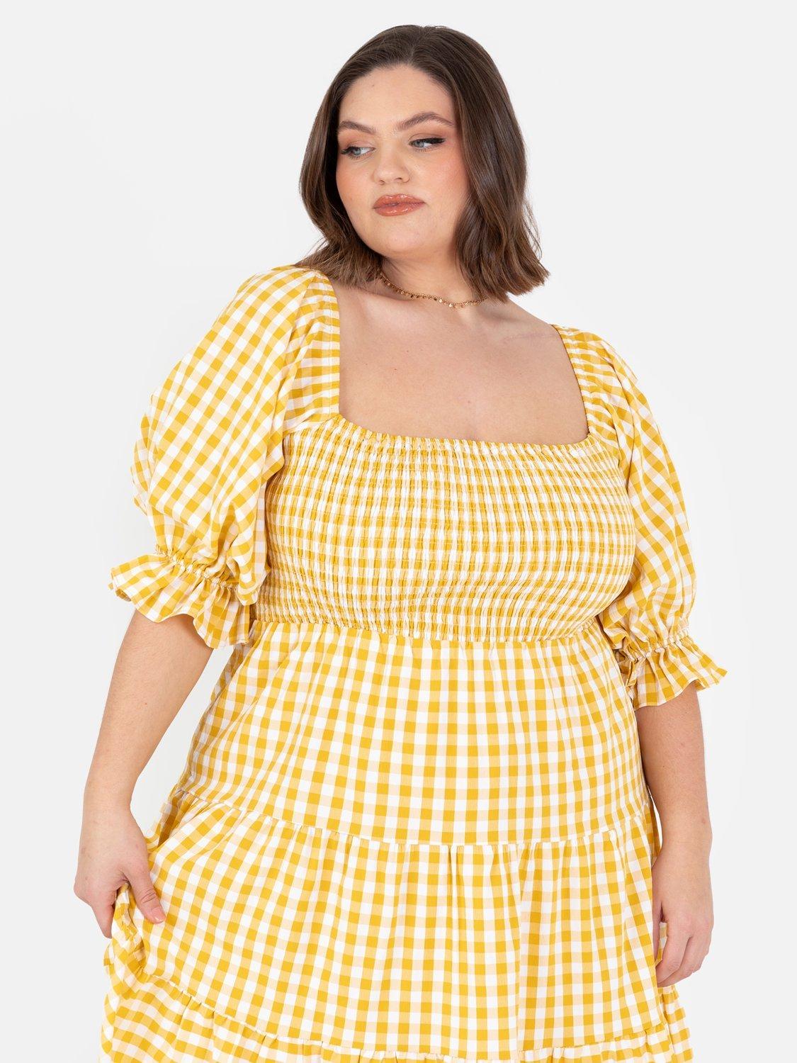 Product image 8 of 11, which shows Lovedrobe Gingham Puff Sleeve Milkmaid Mini Dress, Yellow Gingham, 8