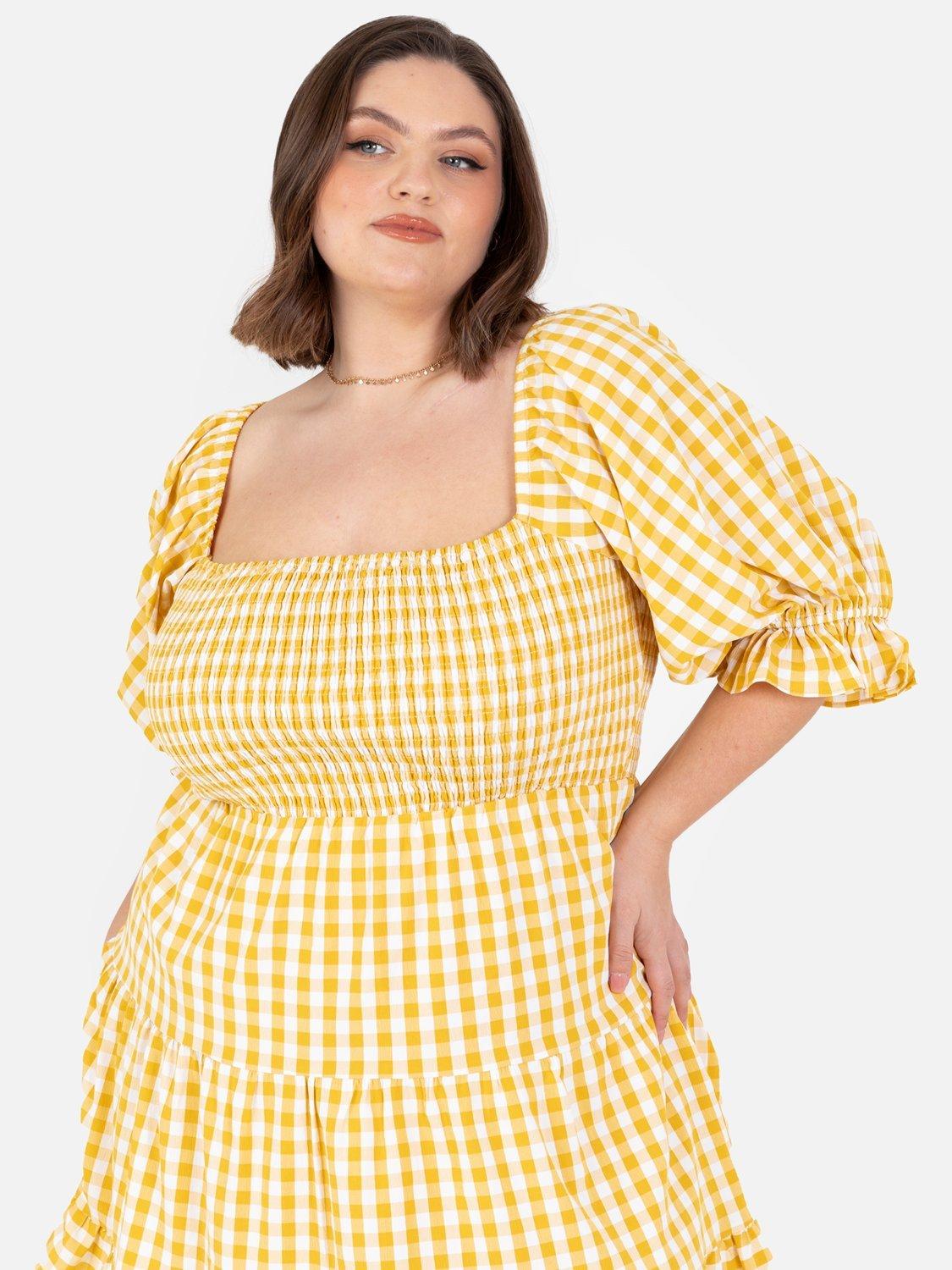 Product image 9 of 11, which shows Lovedrobe Gingham Puff Sleeve Milkmaid Mini Dress, Yellow Gingham, 8