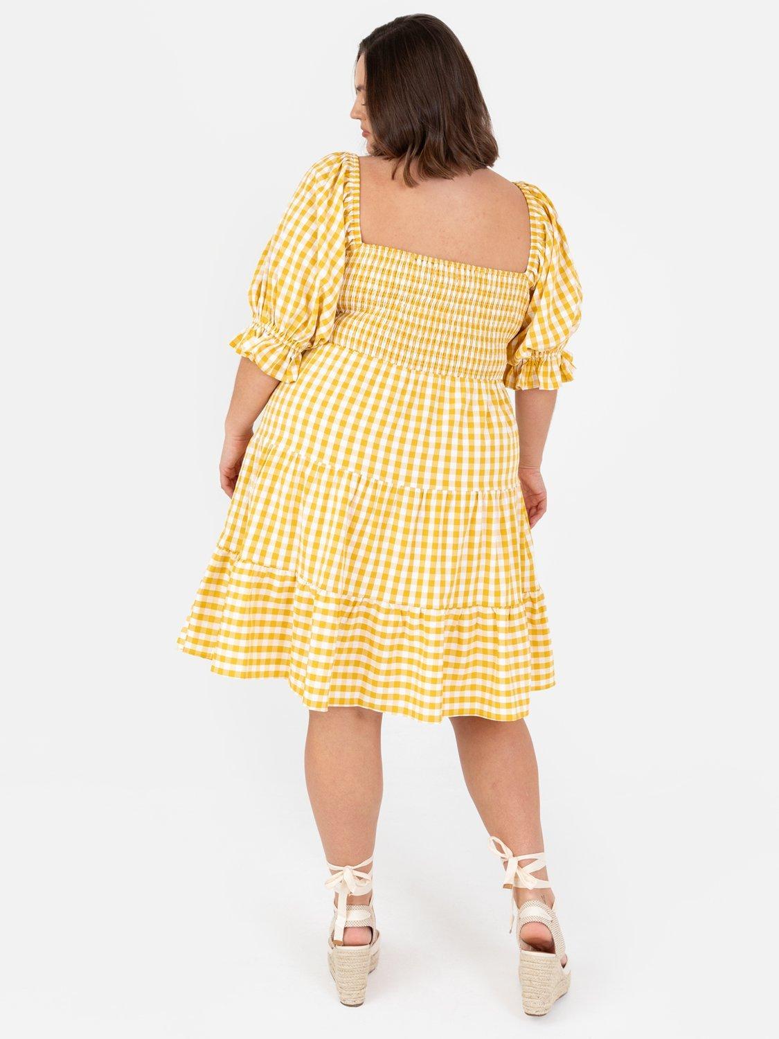 Product image 10 of 11, which shows Lovedrobe Gingham Puff Sleeve Milkmaid Mini Dress, Yellow Gingham, 8