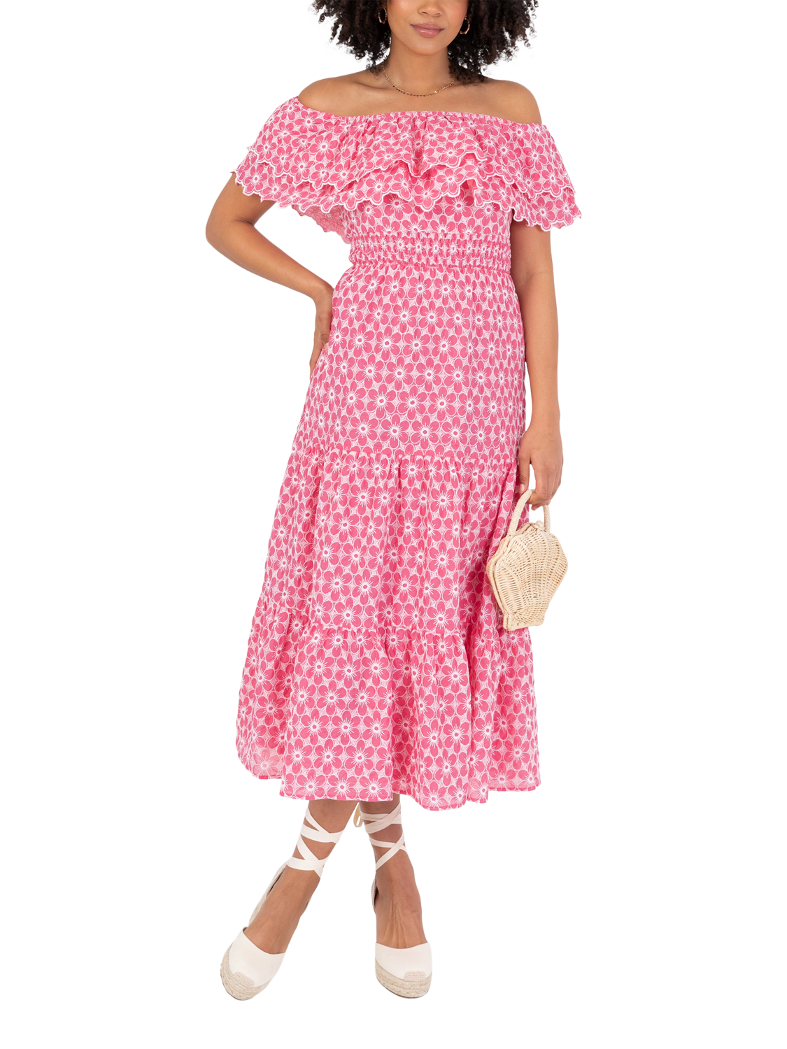 Lovedrobe Bardot Neck Floral Embroidered Cotton Midi Dress, Pink/White