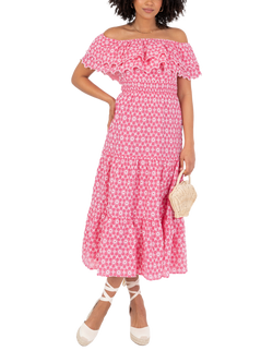 Lovedrobe Bardot Neck Floral Embroidered Cotton Midi Dress, Pink/White, Pink/ White