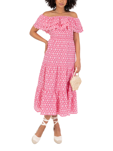 Lovedrobe Bardot Neck Floral Embroidered Cotton Midi Dress, Pink/White, Pink/ White