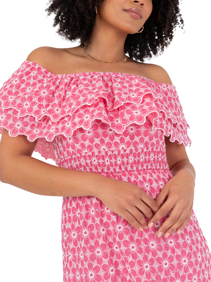 Lovedrobe Bardot Neck Floral Embroidered Cotton Midi Dress, Pink/White - view 2, Pink/ White