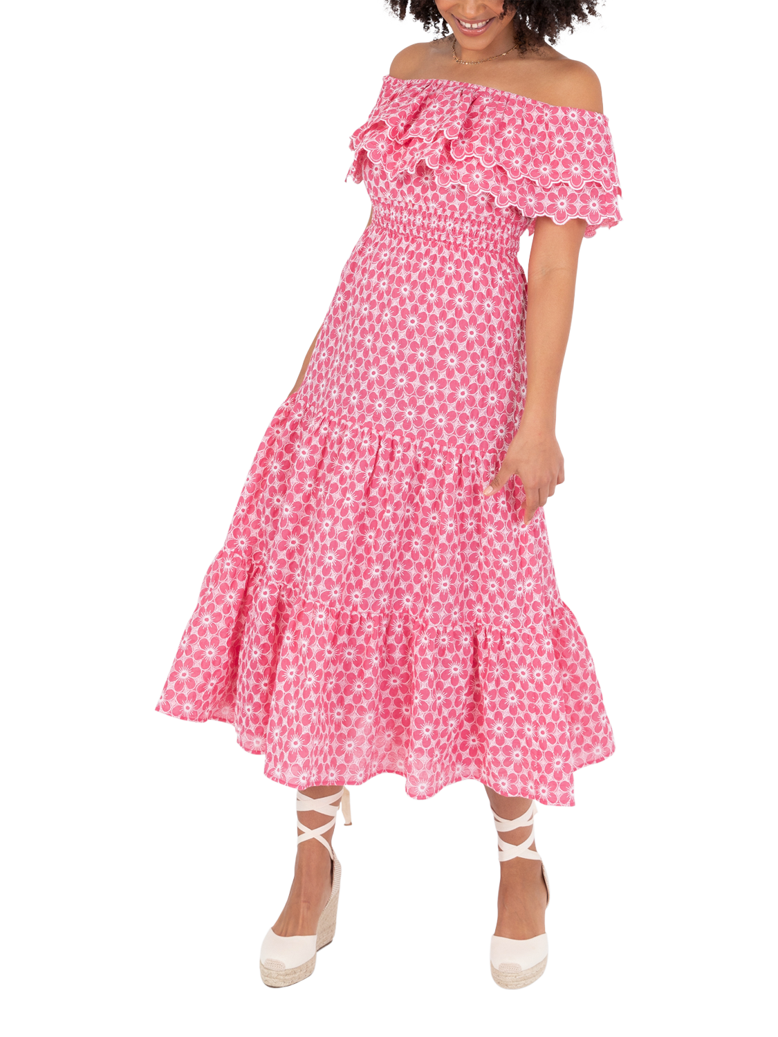 Lovedrobe Bardot Neck Floral Embroidered Cotton Midi Dress, Pink/White