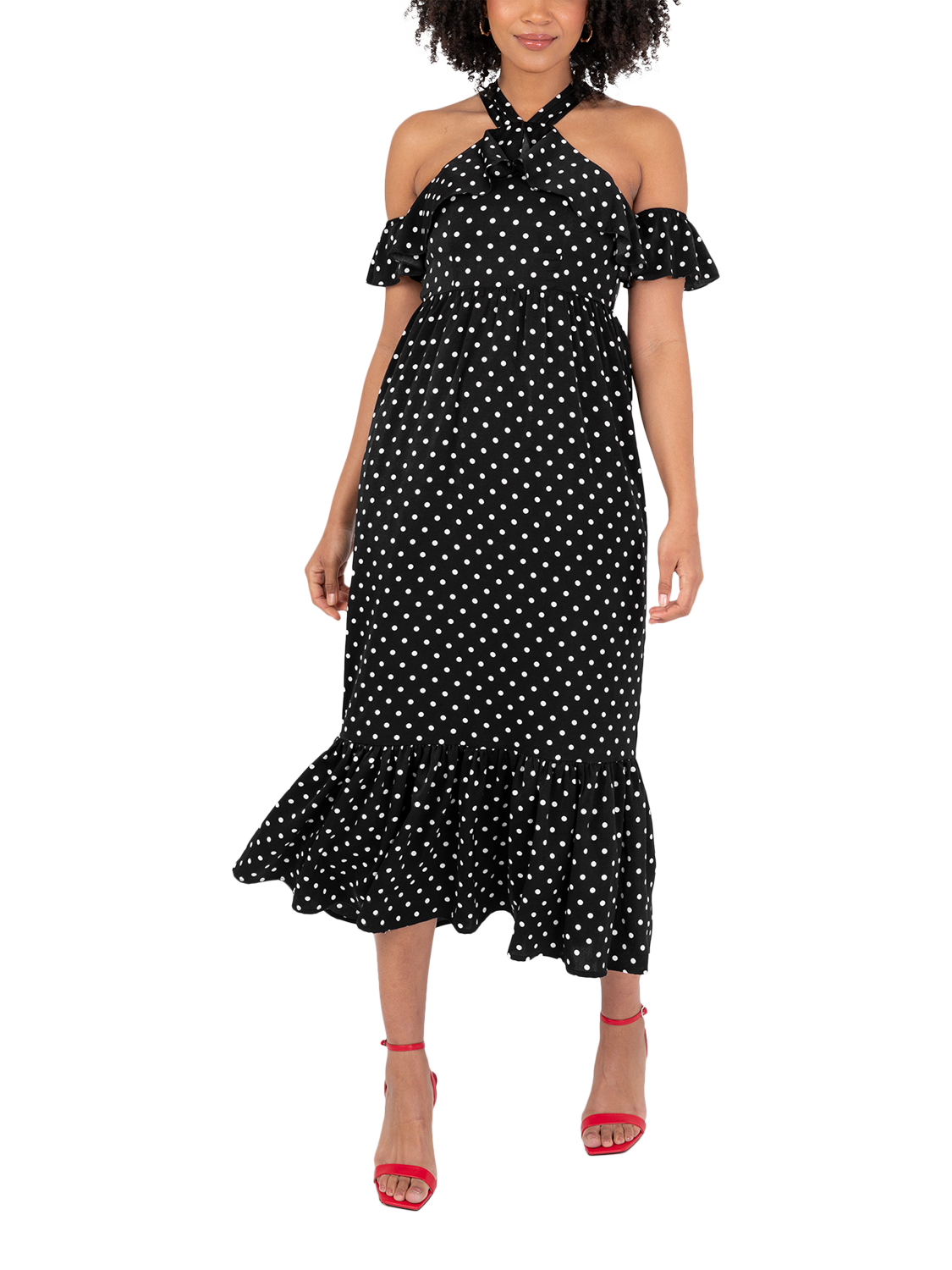 Product image 1 of 10, which shows Lovedrobe Polka Dot Cold Shoulder Midaxi Dress, Black/White, 8