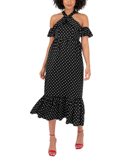 Lovedrobe Polka Dot Cold Shoulder Midaxi Dress, Black/White, Black/White