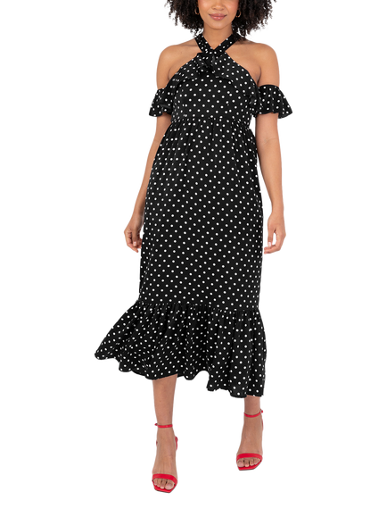 Lovedrobe Polka Dot Cold Shoulder Midaxi Dress, Black/White, Black/White