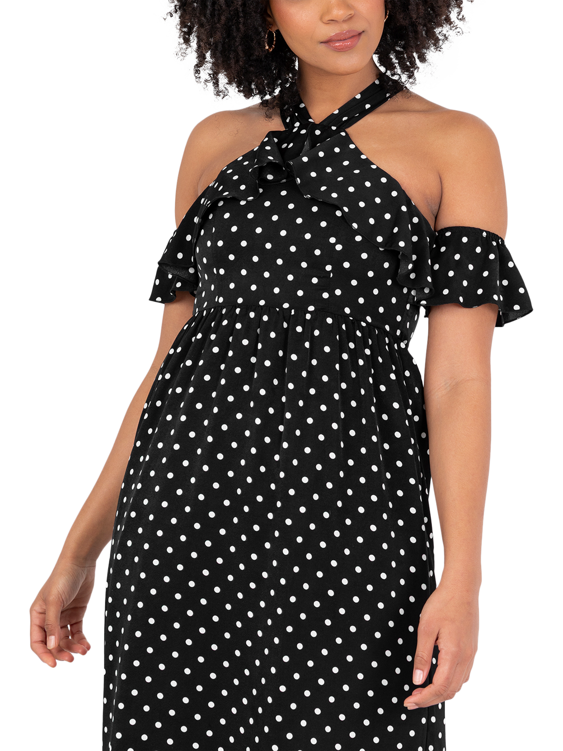 Product image 2 of 10, which shows Lovedrobe Polka Dot Cold Shoulder Midaxi Dress, Black/White, 8