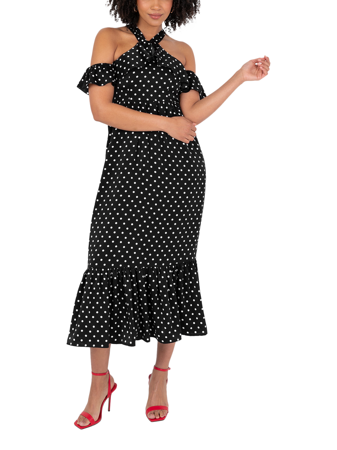 Product image 3 of 10, which shows Lovedrobe Polka Dot Cold Shoulder Midaxi Dress, Black/White, 8