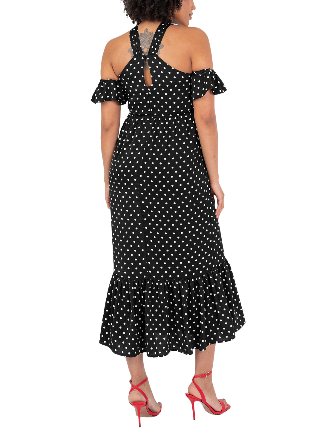 Product image 4 of 10, which shows Lovedrobe Polka Dot Cold Shoulder Midaxi Dress, Black/White, 8