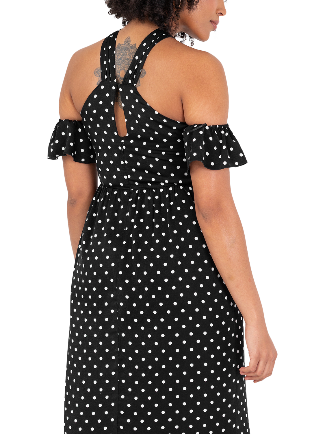 Product image 5 of 10, which shows Lovedrobe Polka Dot Cold Shoulder Midaxi Dress, Black/White, 8