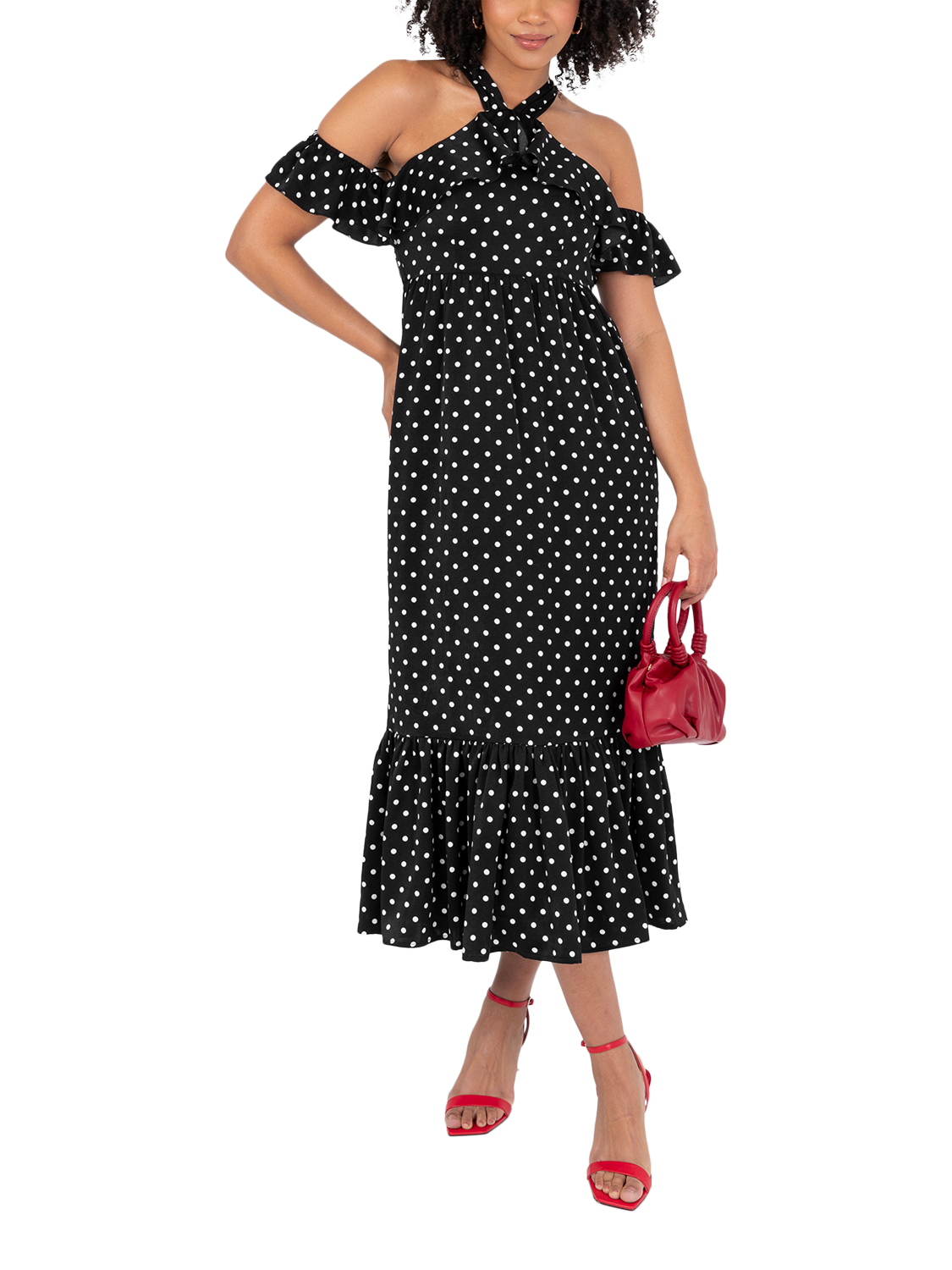 Product image 6 of 10, which shows Lovedrobe Polka Dot Cold Shoulder Midaxi Dress, Black/White, 8