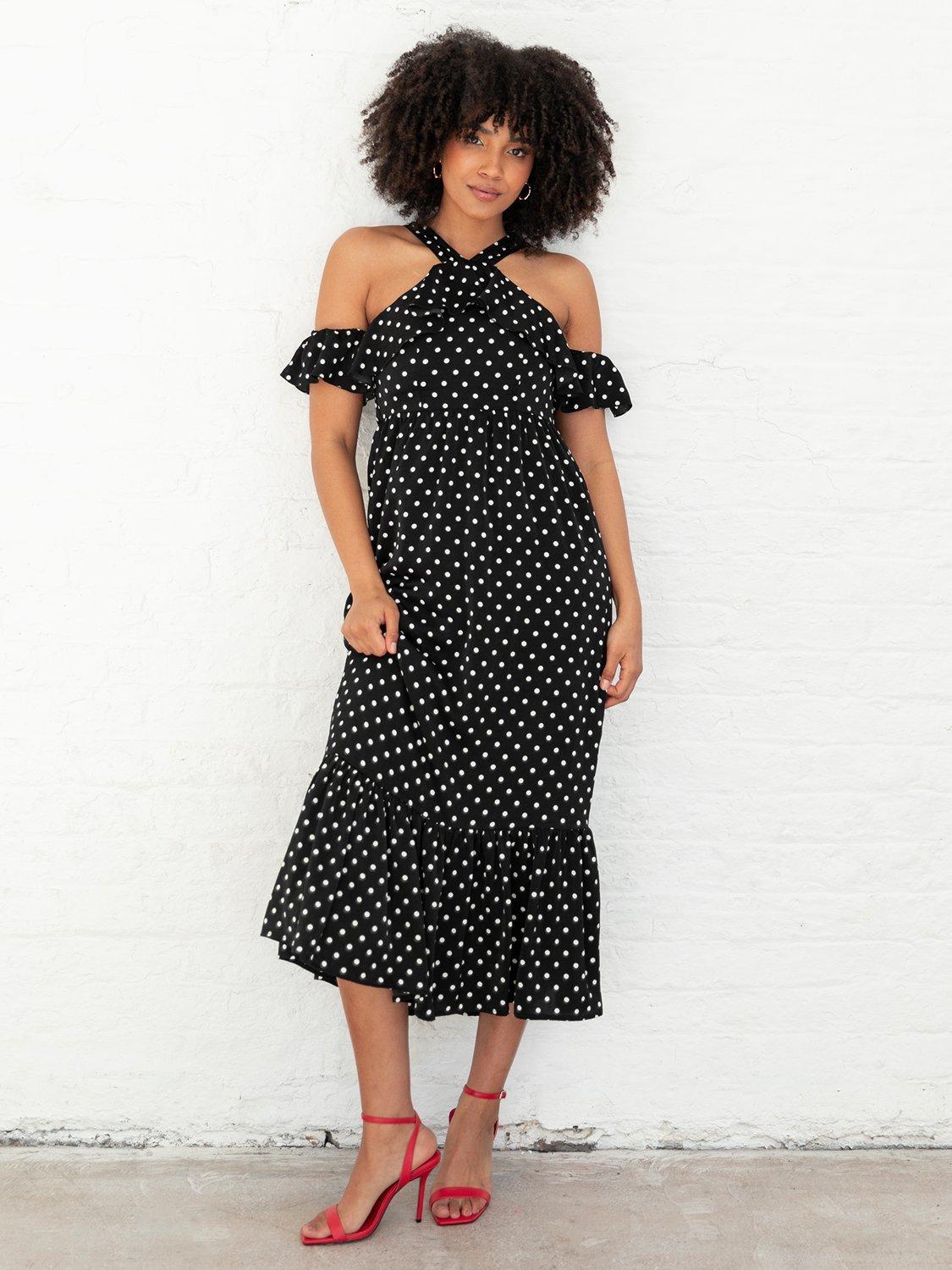 Product image 7 of 10, which shows Lovedrobe Polka Dot Cold Shoulder Midaxi Dress, Black/White, 8