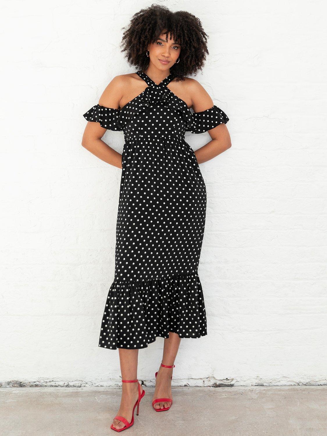 Product image 8 of 10, which shows Lovedrobe Polka Dot Cold Shoulder Midaxi Dress, Black/White, 8