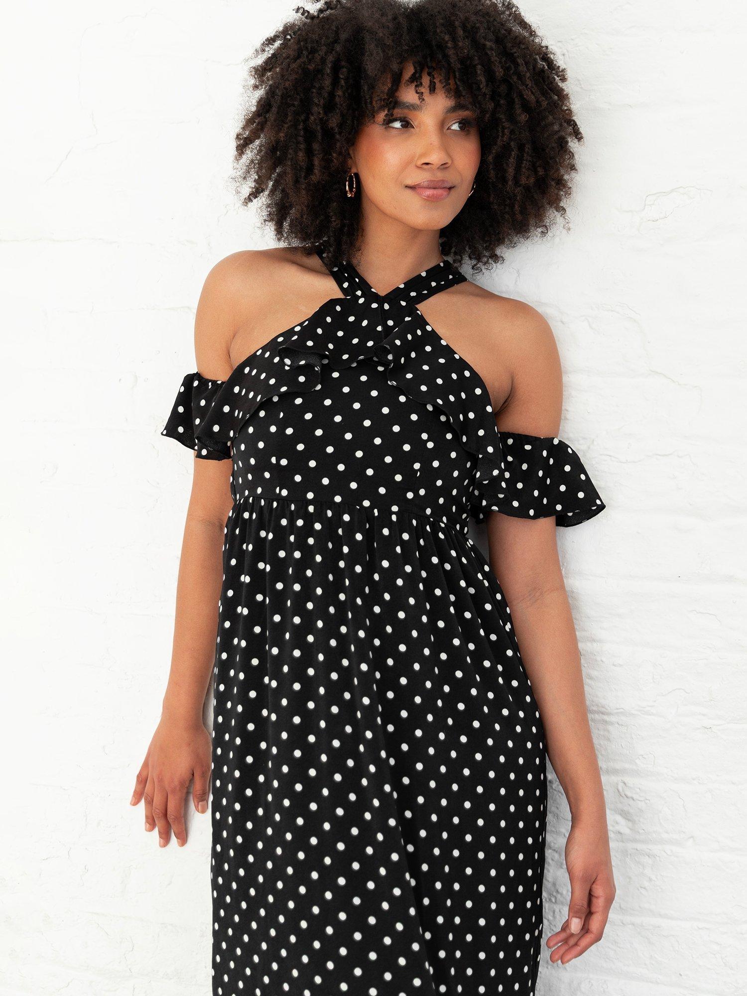 Product image 9 of 10, which shows Lovedrobe Polka Dot Cold Shoulder Midaxi Dress, Black/White, 8