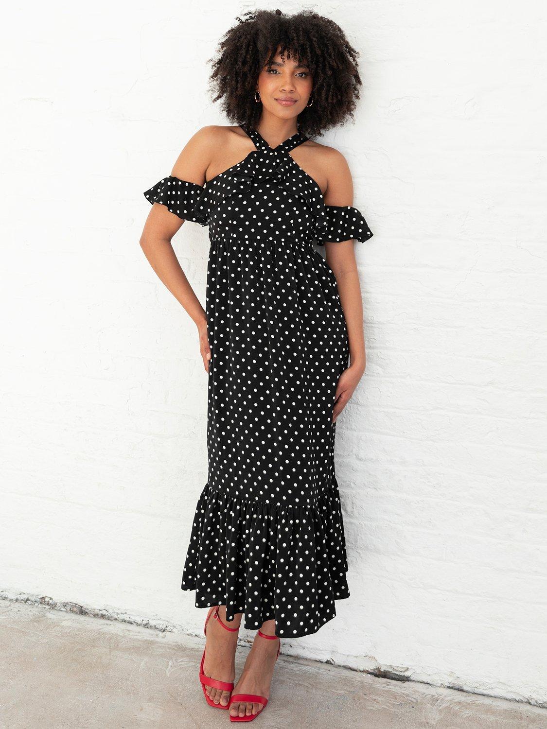 Product image 10 of 10, which shows Lovedrobe Polka Dot Cold Shoulder Midaxi Dress, Black/White, 8
