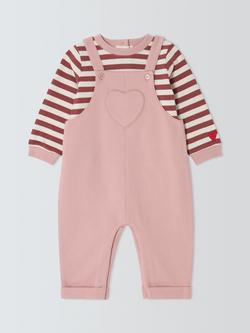 John Lewis Baby Heart Dungarees & Long Sleeve Top Set, Pink, Pink