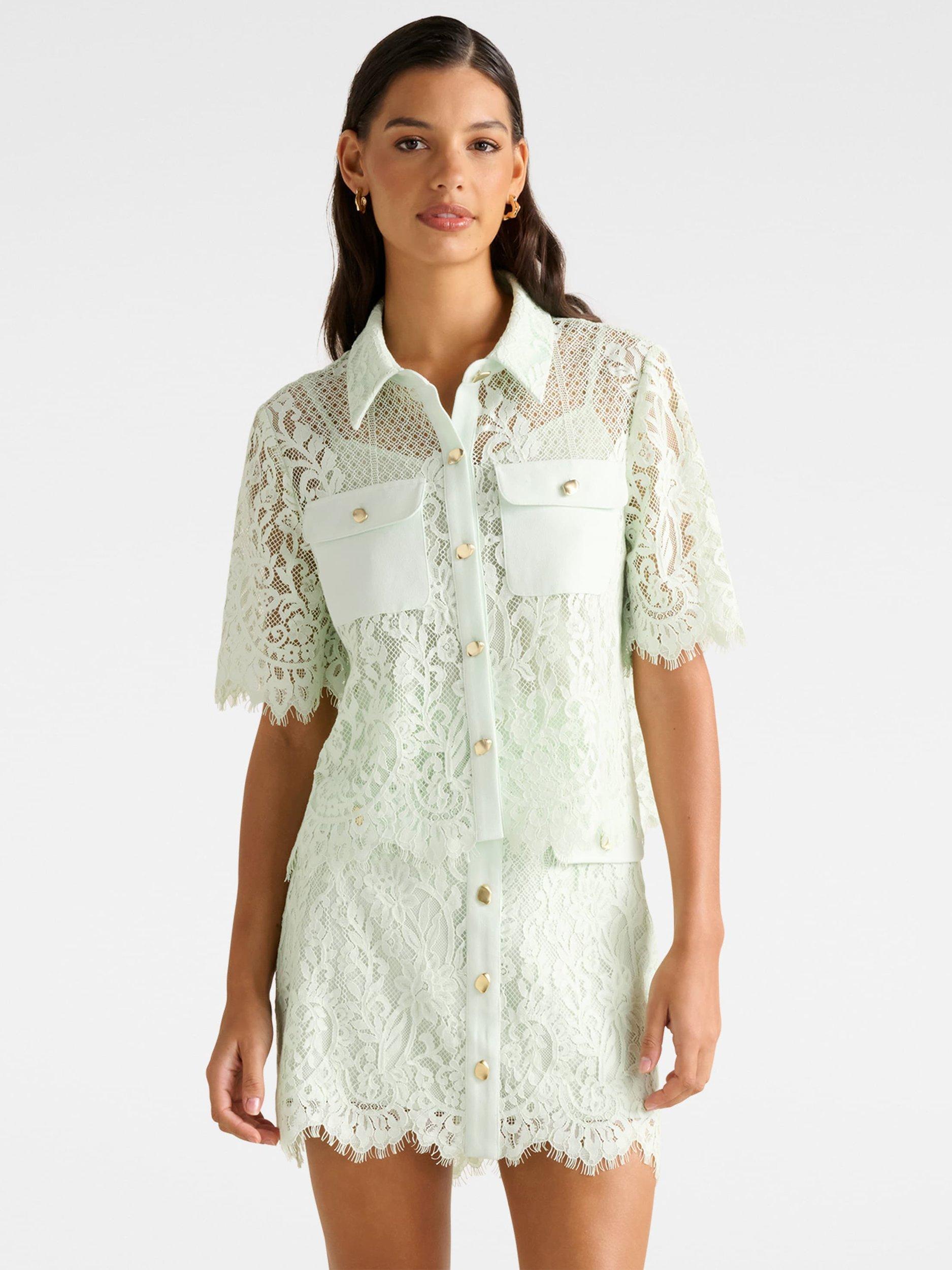 Product image 1 of 5, which shows Forever New Lola Elbow Sleeve Lace Shirt, Light Green, 4