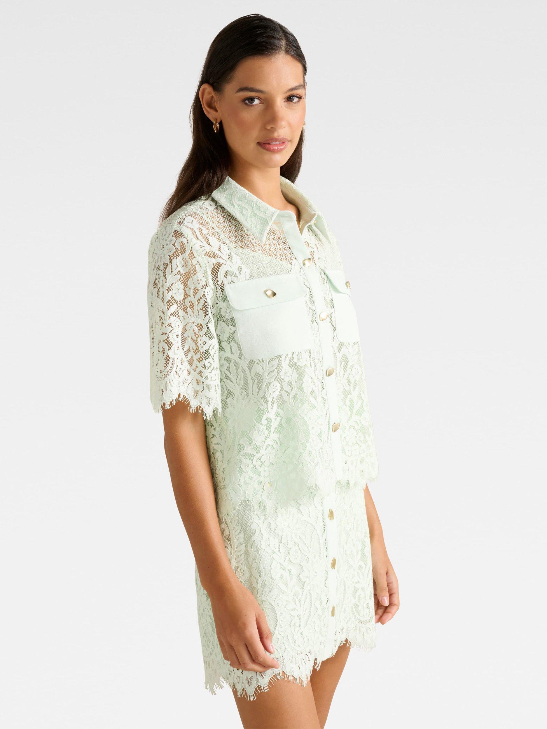 Product image 3 of 5, which shows Forever New Lola Elbow Sleeve Lace Shirt, Light Green, 4