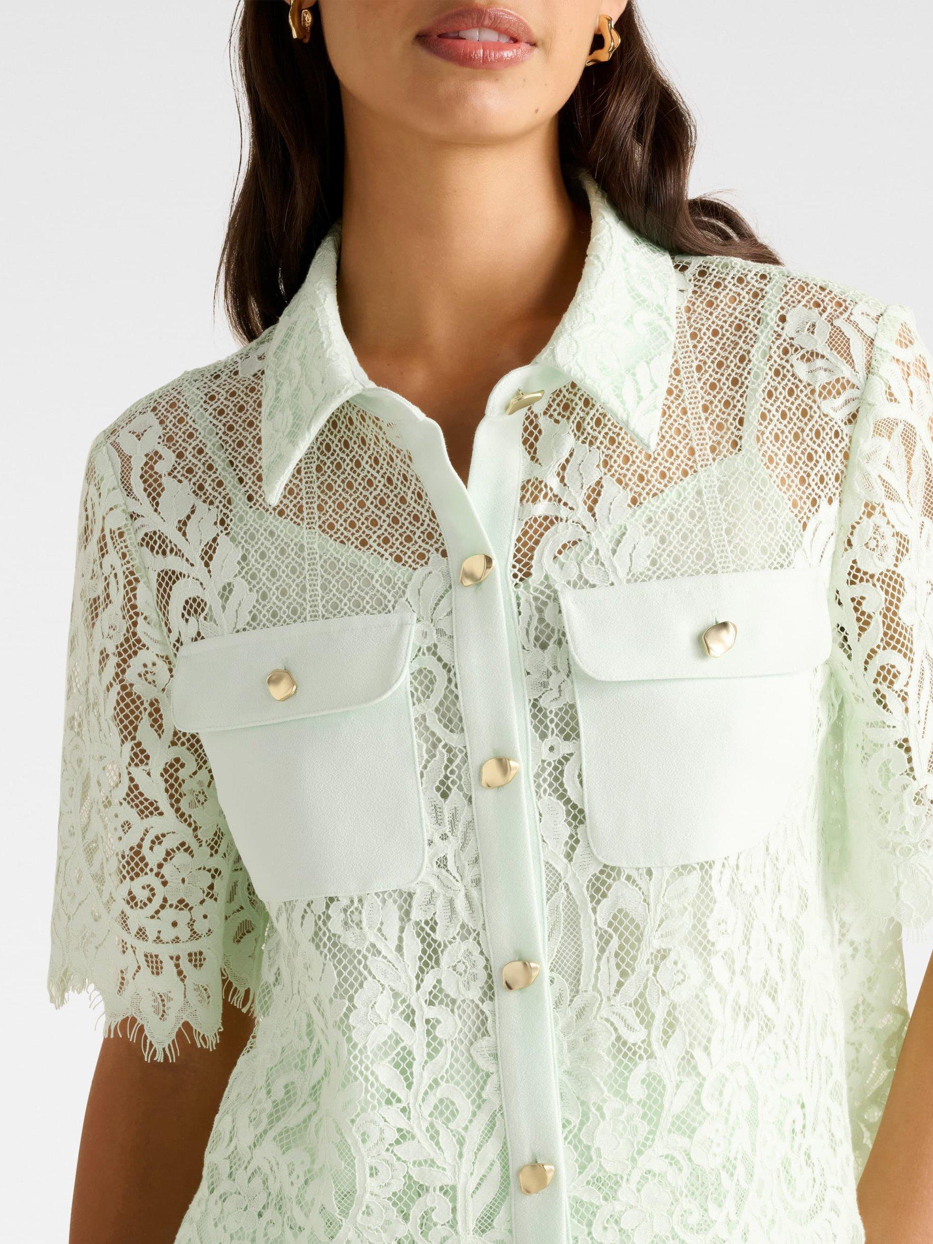 Product image 4 of 5, which shows Forever New Lola Elbow Sleeve Lace Shirt, Light Green, 4