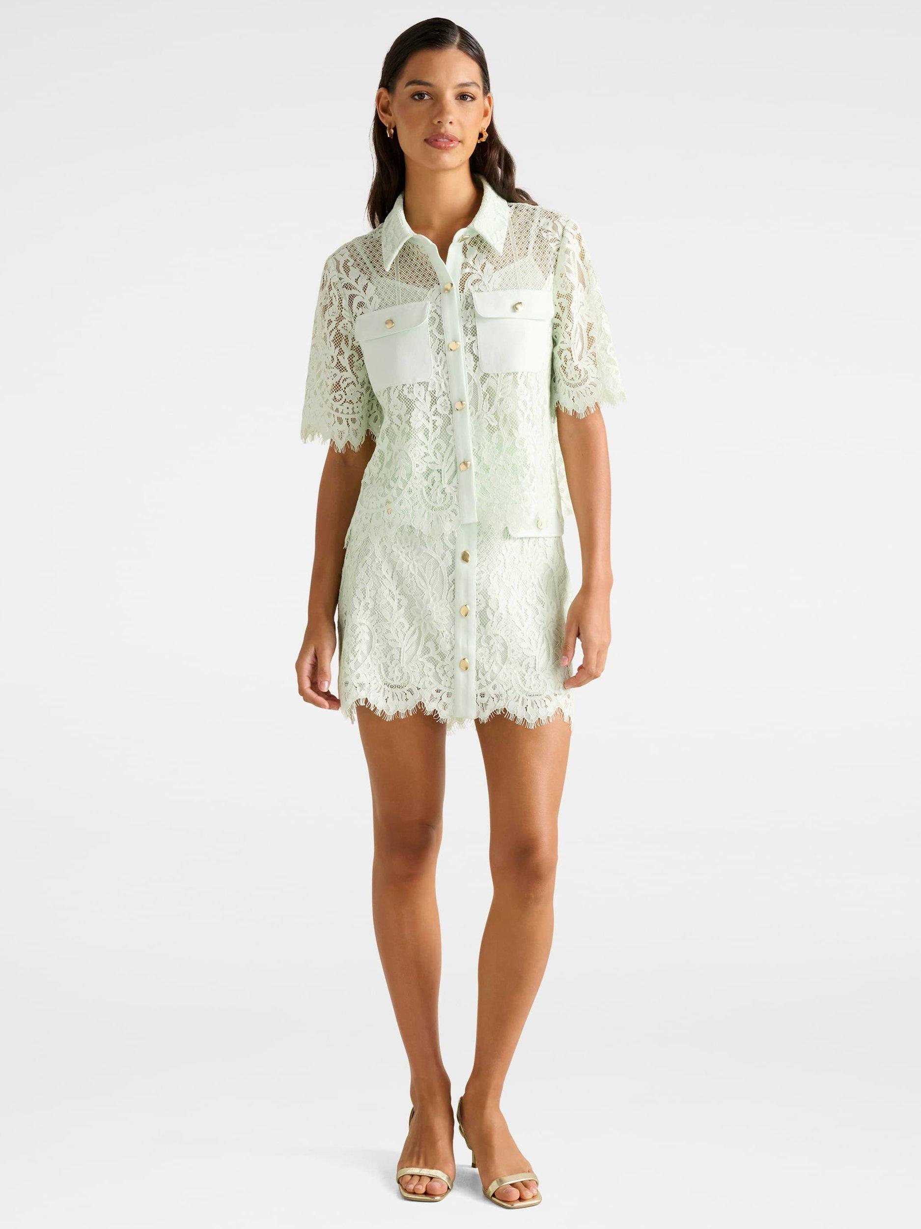 Product image 5 of 5, which shows Forever New Lola Elbow Sleeve Lace Shirt, Light Green, 4