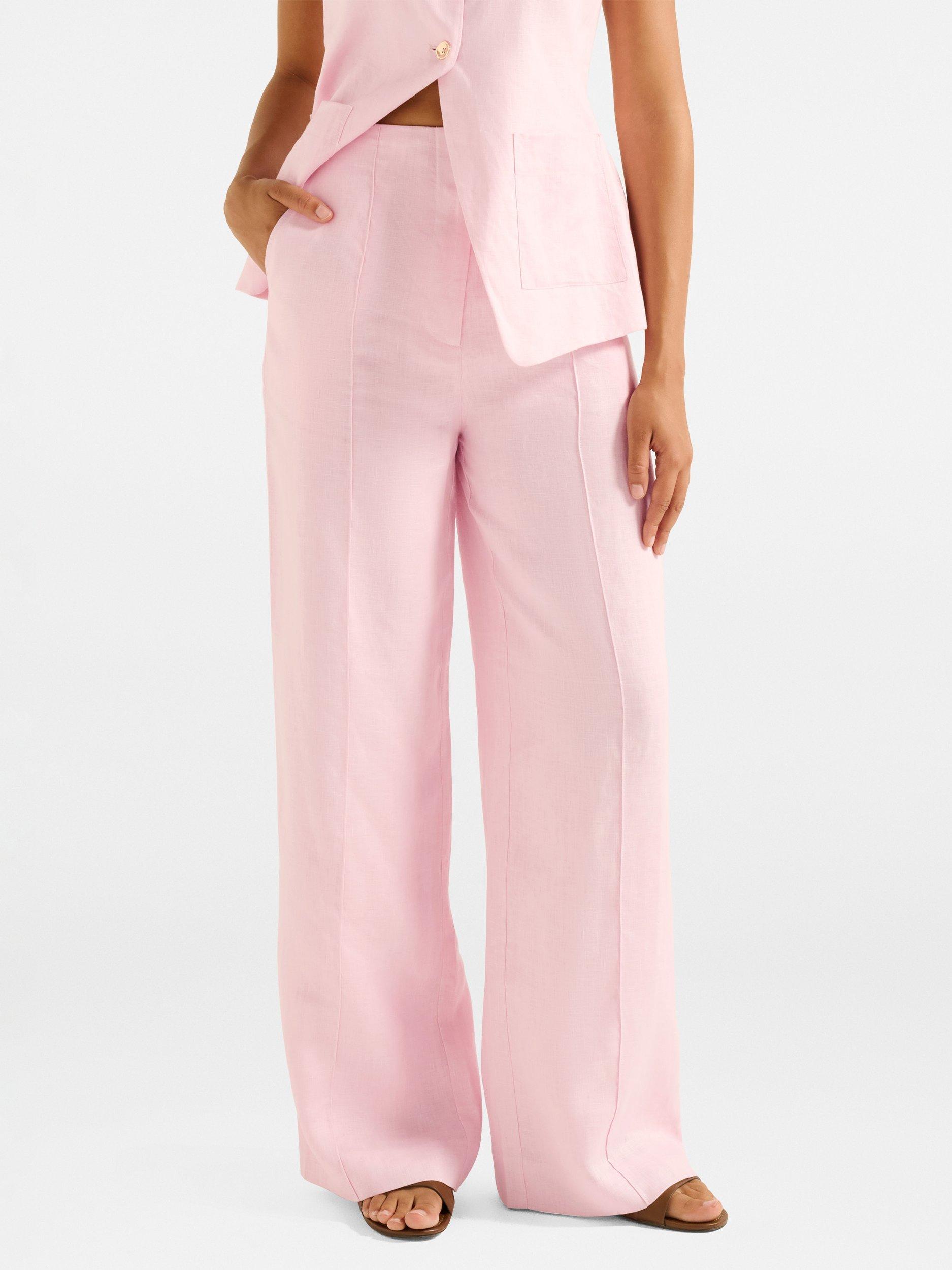 Product image 1 of 5, which shows Forever New Cynthia Wide Leg Pure Linen Trousers, Pink Sorbet, 4