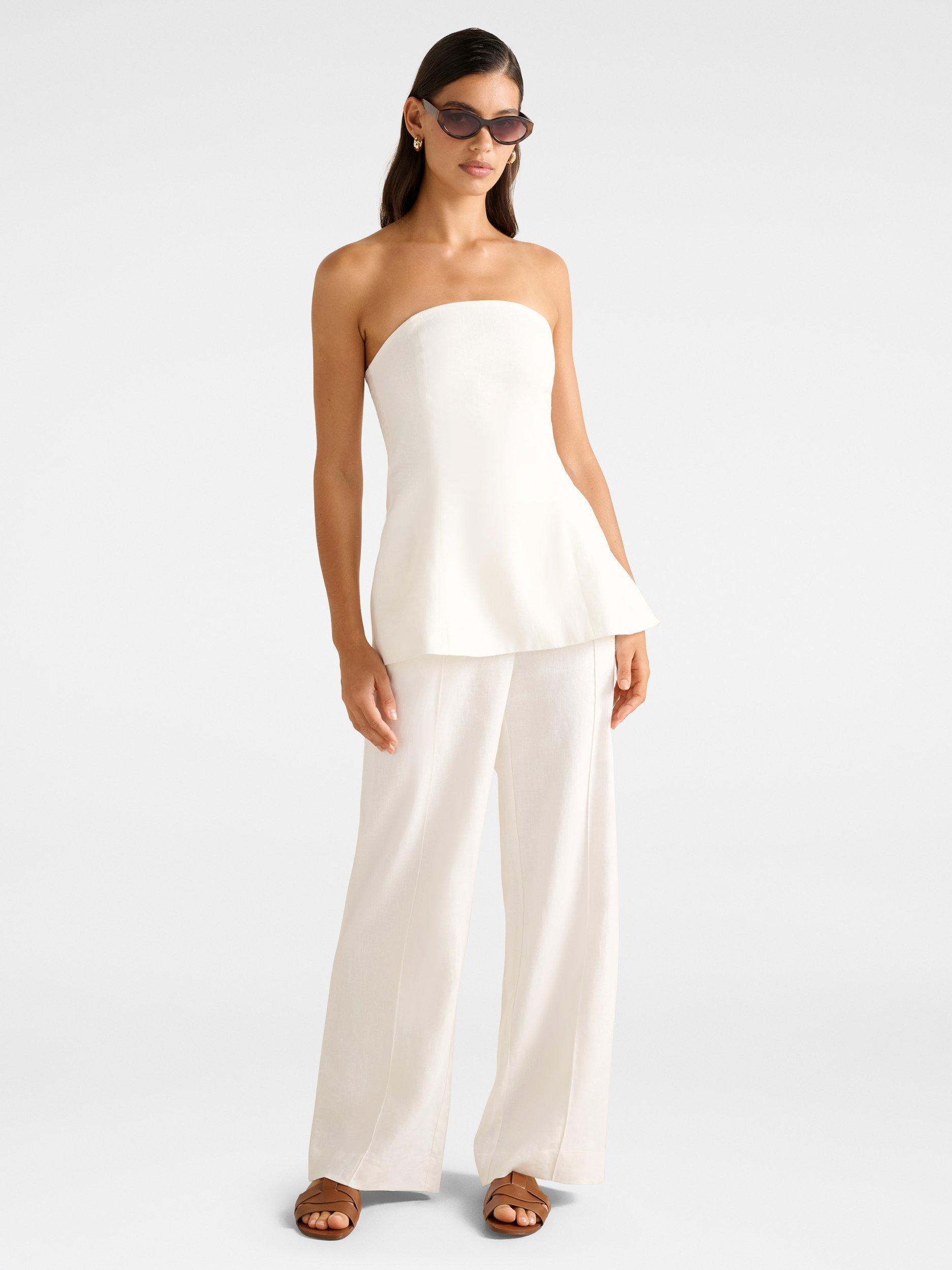 Product image 5 of 5, which shows Forever New Posey Wide Leg Pure Linen Trousers, Porcelain, 4