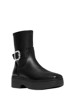 FitFlop F-Luma Crystal Buckle Leather Short Boots, Black - view 2, Black
