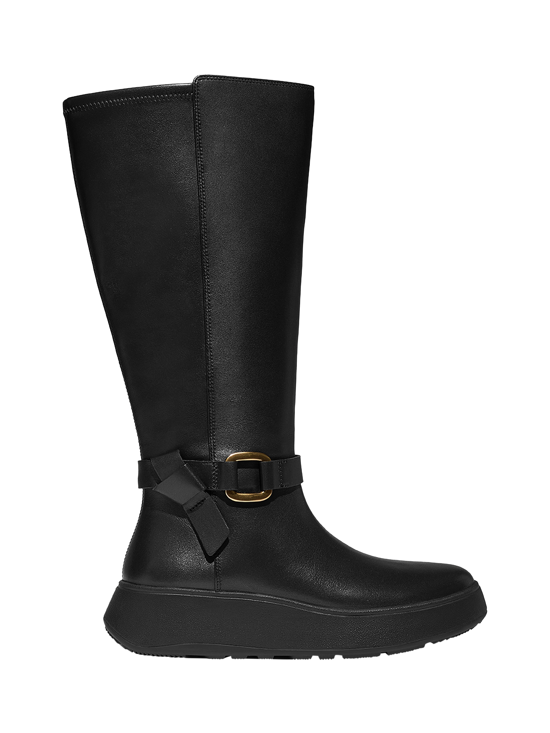 Product image 1 of 5, which shows FitFlop F-Mode Leather Square Ring Flatform Knee Boots, Black, 3