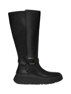 FitFlop F-Mode Leather Square Ring Flatform Knee Boots, Black, Black