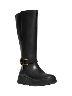 FitFlop F-Mode Leather Square Ring Flatform Knee Boots, Black - view 2, Black