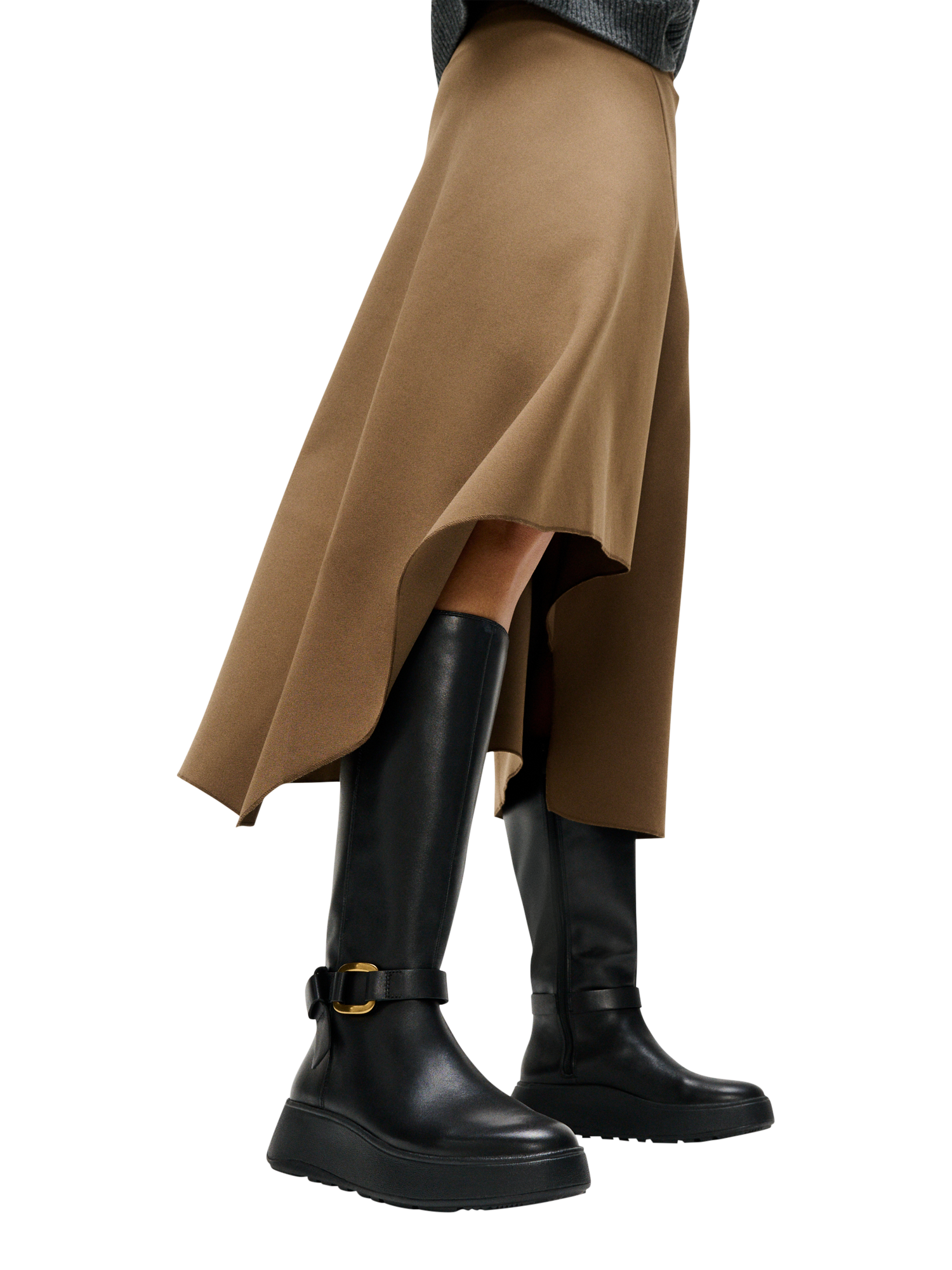 Product image 5 of 5, which shows FitFlop F-Mode Leather Square Ring Flatform Knee Boots, Black, 3