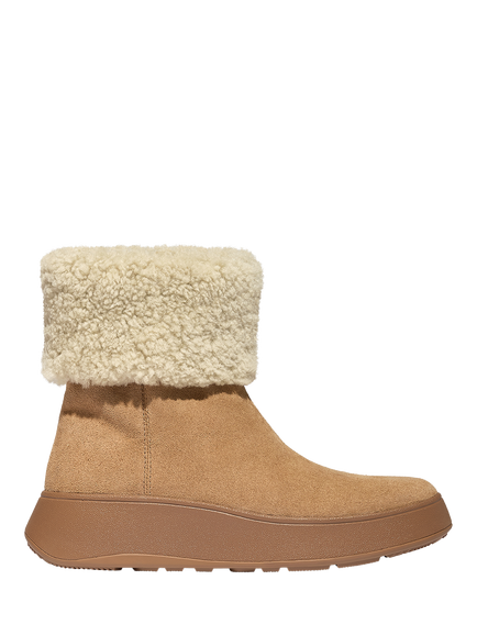 FitFlop F-Mode Shearling Collar Zip Up Leather Ankle Boots, Desert Tan