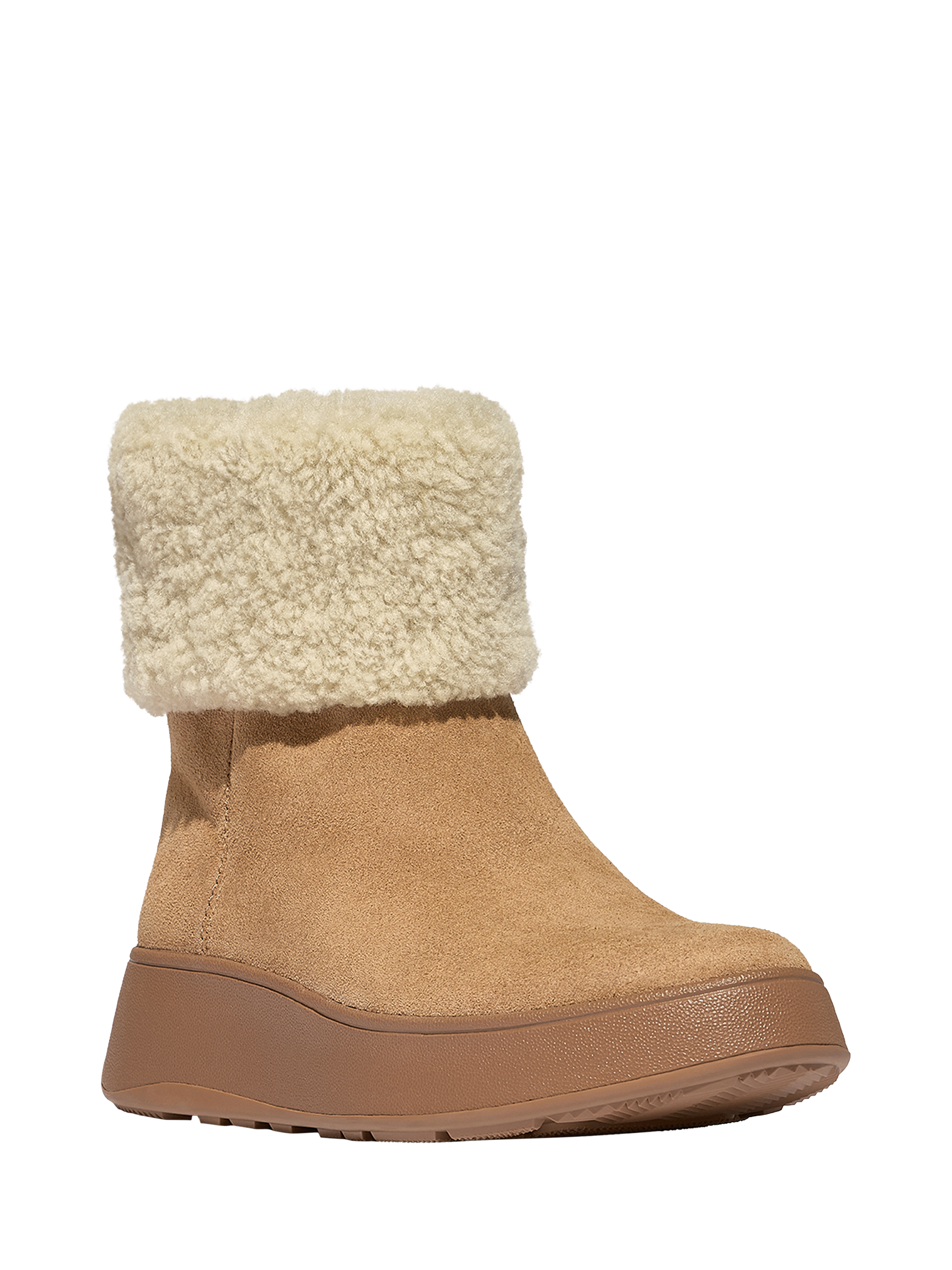 Product image 2 of 5, which shows FitFlop F-Mode Shearling Collar Zip Up Leather Ankle Boots, Desert Tan, 3