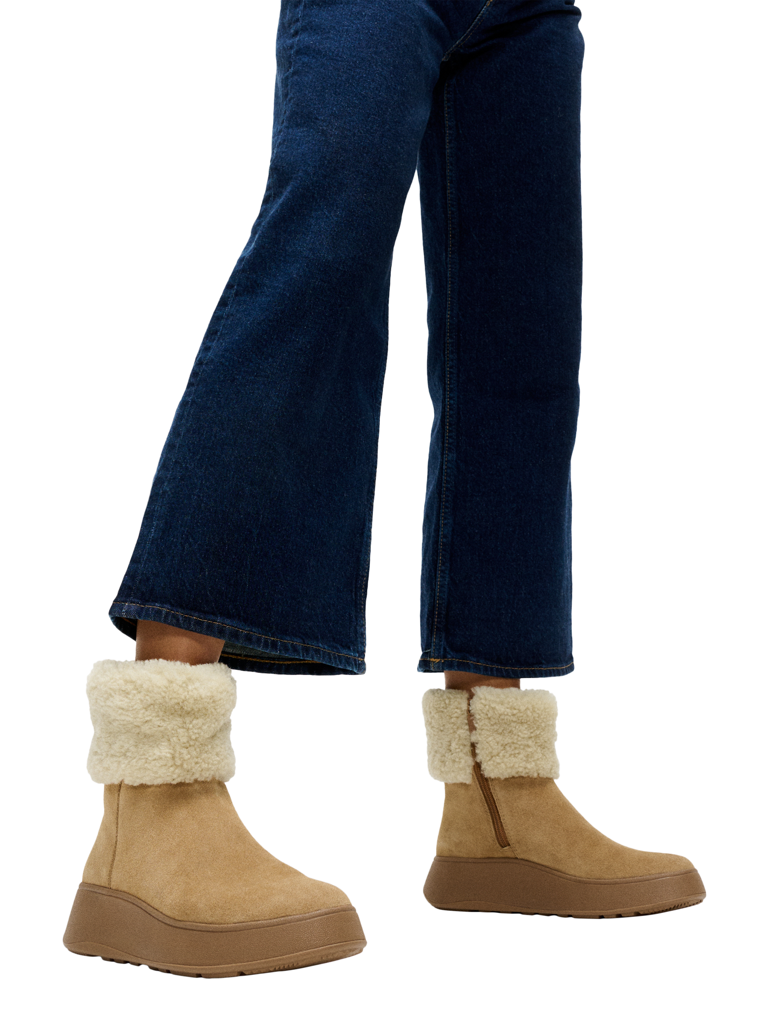 Product image 5 of 5, which shows FitFlop F-Mode Shearling Collar Zip Up Leather Ankle Boots, Desert Tan, 3