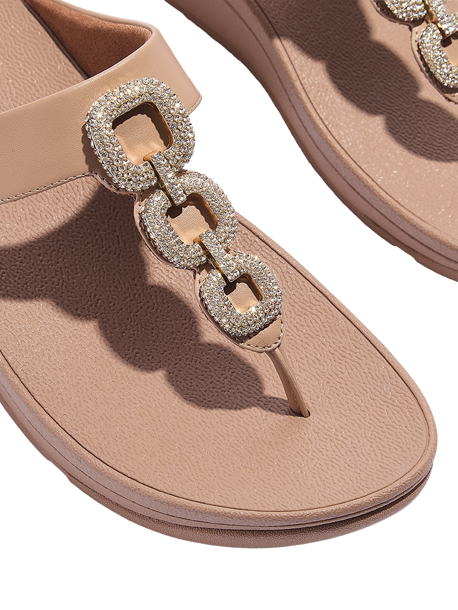 Product image 3 of 5, which shows FitFlop Fino Crystal Chain Leather T-Bar Sandals, Classic Beige, 3