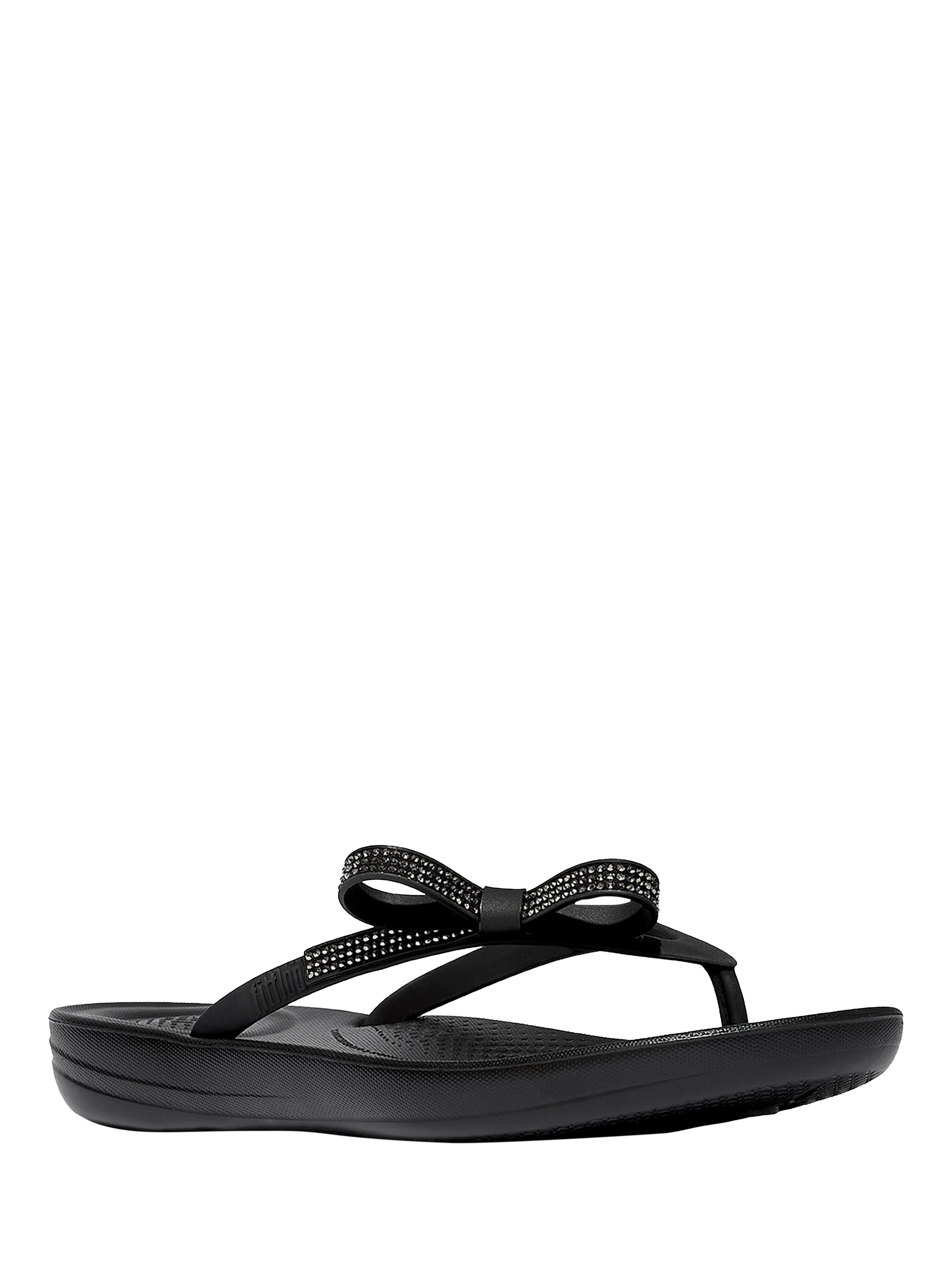 Product image 2 of 5, which shows FitFlop iQushion Glitz Bow Flip Flops, Black, 3