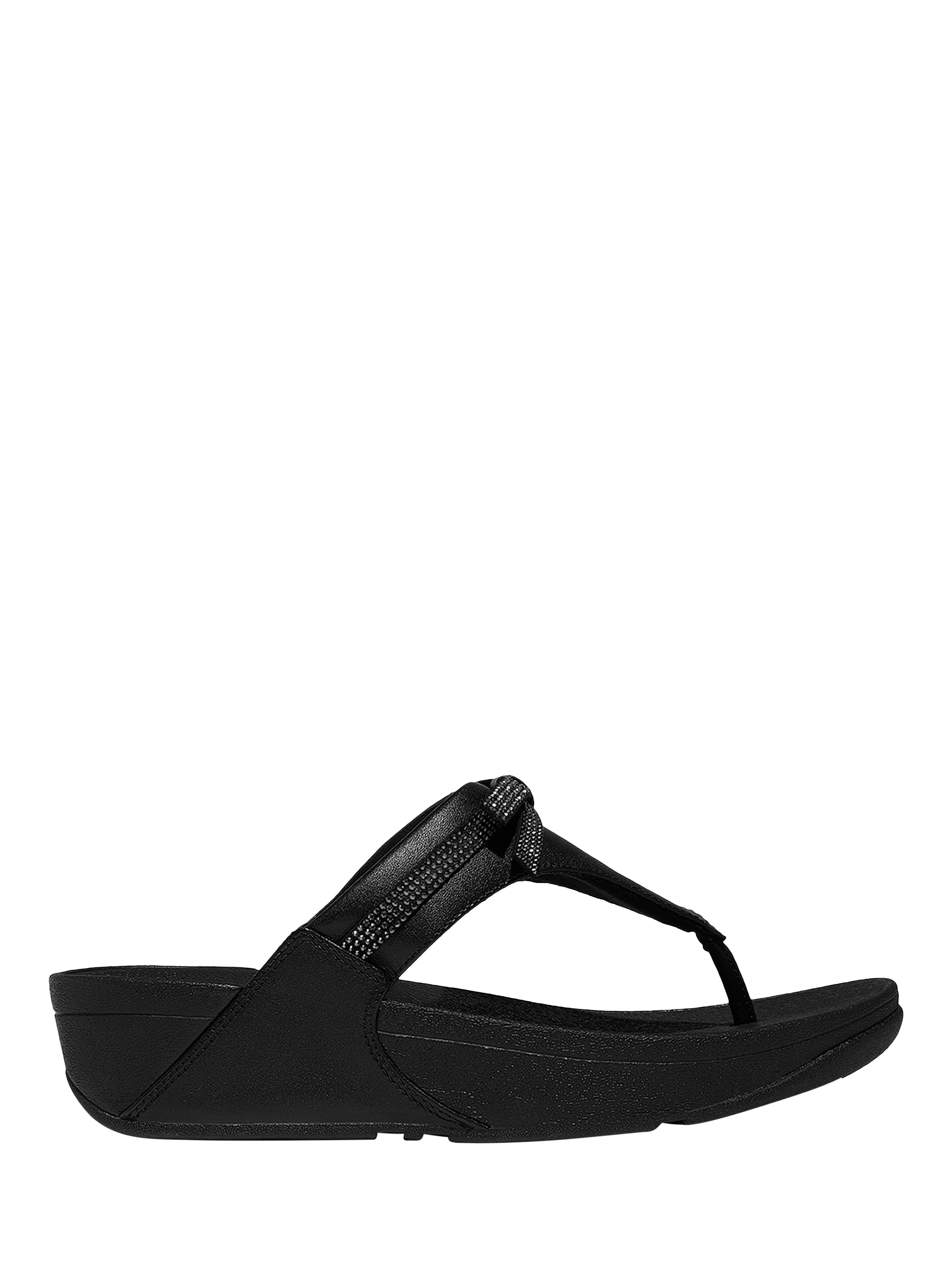 Product image 1 of 5, which shows FitFlop Lulu Glitz Bow Leather Toe-Post Sandals, All Black, 3