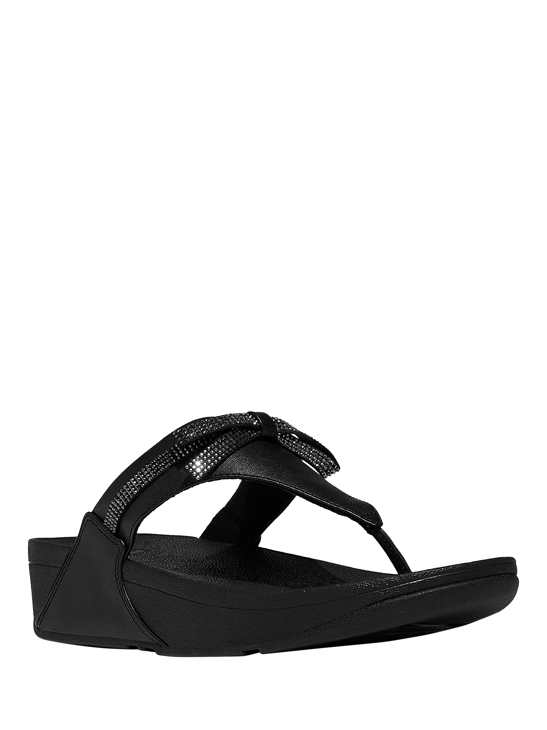 Product image 2 of 5, which shows FitFlop Lulu Glitz Bow Leather Toe-Post Sandals, All Black, 3