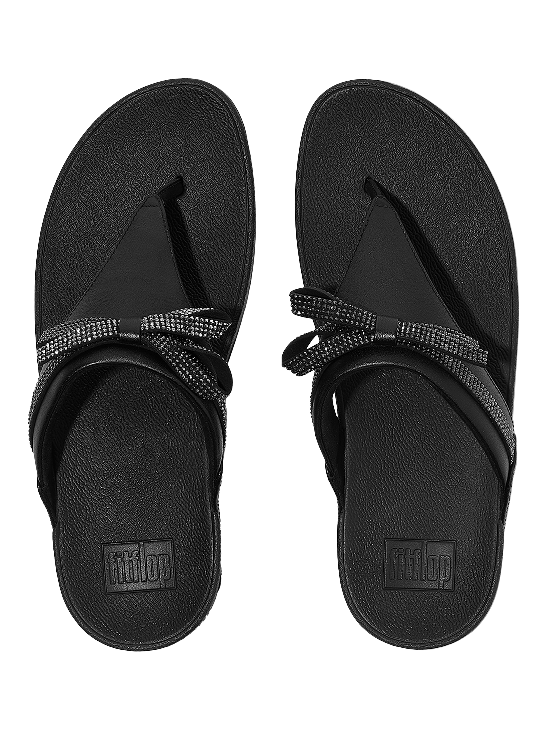 Product image 4 of 5, which shows FitFlop Lulu Glitz Bow Leather Toe-Post Sandals, All Black, 3